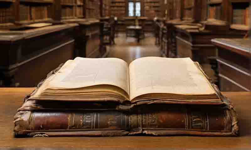 An open book rests on a table in a library, surrounded by shelves filled with various books.