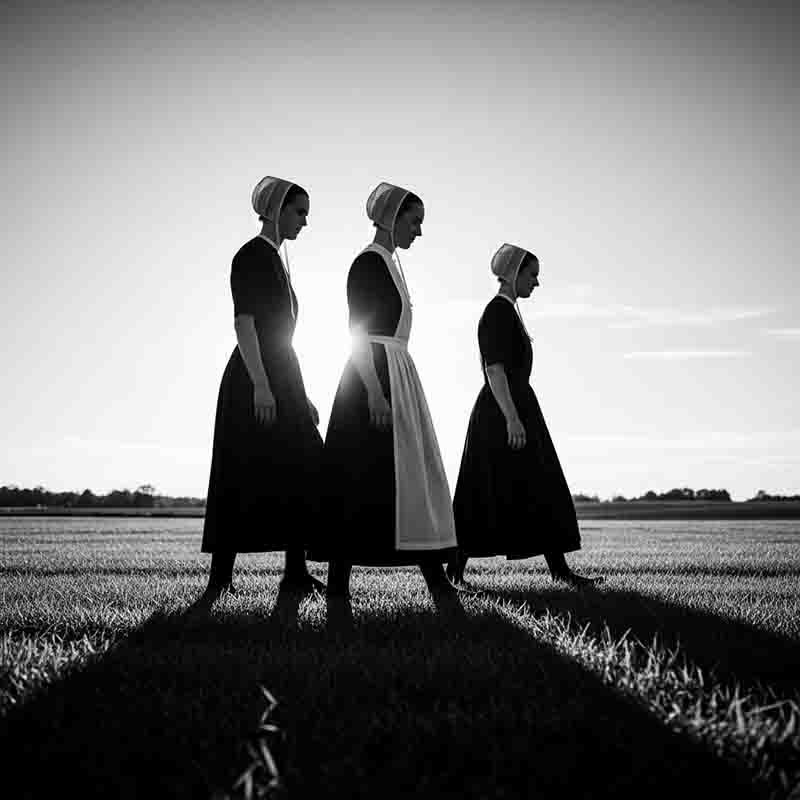 Three Amish women walking in profile across a field, silhouetted against a bright sky. They are dressed in traditional, modest attire, including dark dresses and white bonnets that cover their hair.
