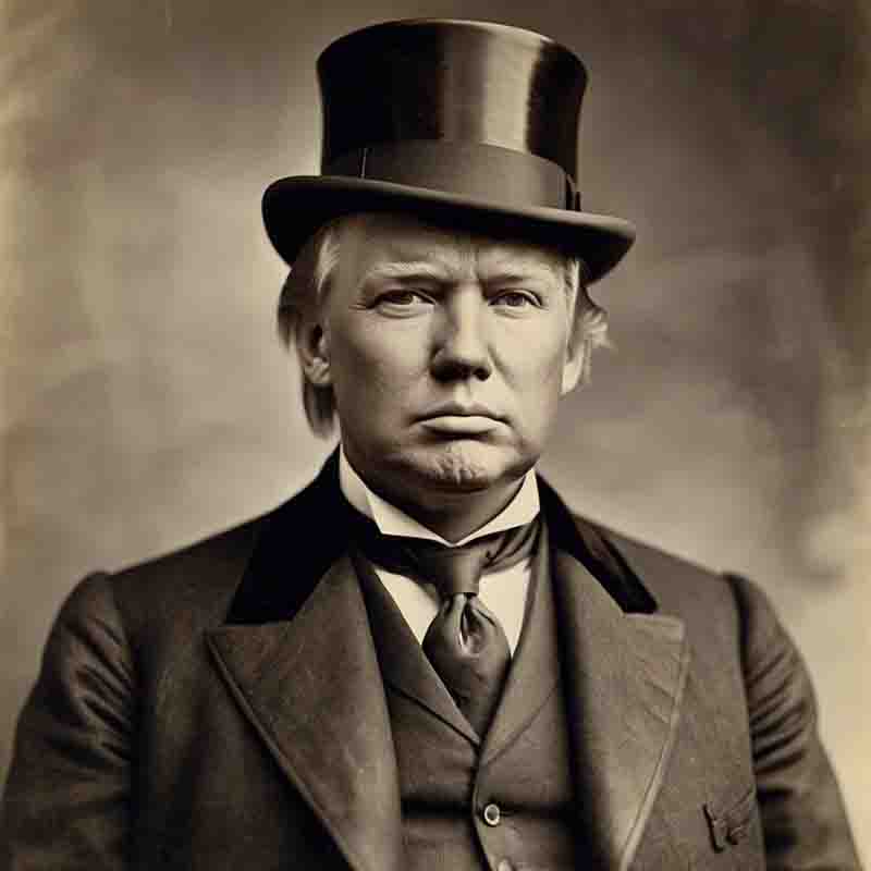 Vintage portrait of Donald Trump in a top hat, exuding elegance and charm.