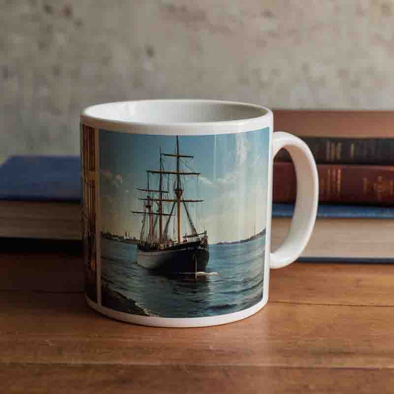 A coffee mug featuring a photograph of a ship, showcasing a serene maritime scene.