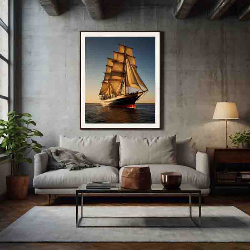 A large framed photo of a sailing ship displayed prominently in a stylish living room setting.