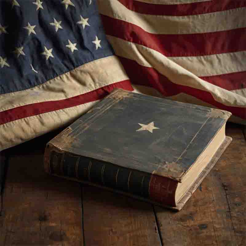 A vintage book rests beside an American flag on a rustic wooden table, symbolizing history and patriotism of the German Americans.